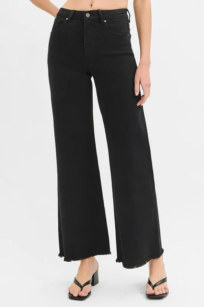 RISEN Full Size Tummy Control Black High Rise Wide Jeans Plus Size - Tigbul's Variety Fashion Shop
