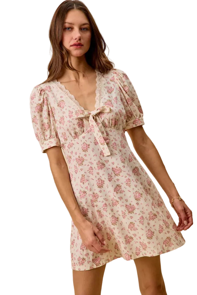 Floral cream mini dress, lace-trimmed neckline with bow tie and short sleeves