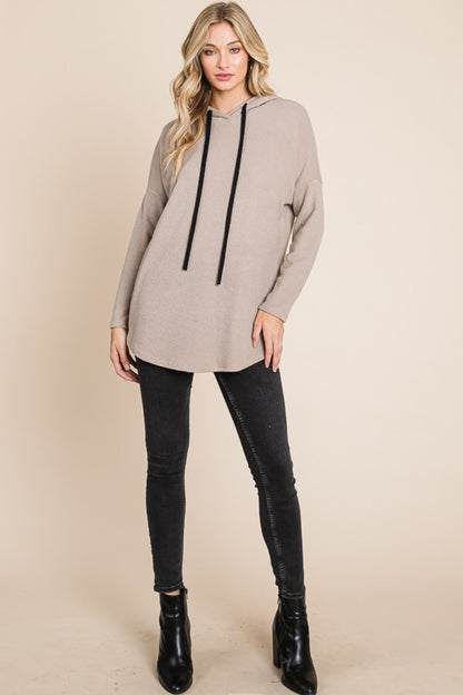 BOMBOM Contrast Drawstring Drop Shoulder Knit Hoodie - Tigbul's Variety Fashion Shop