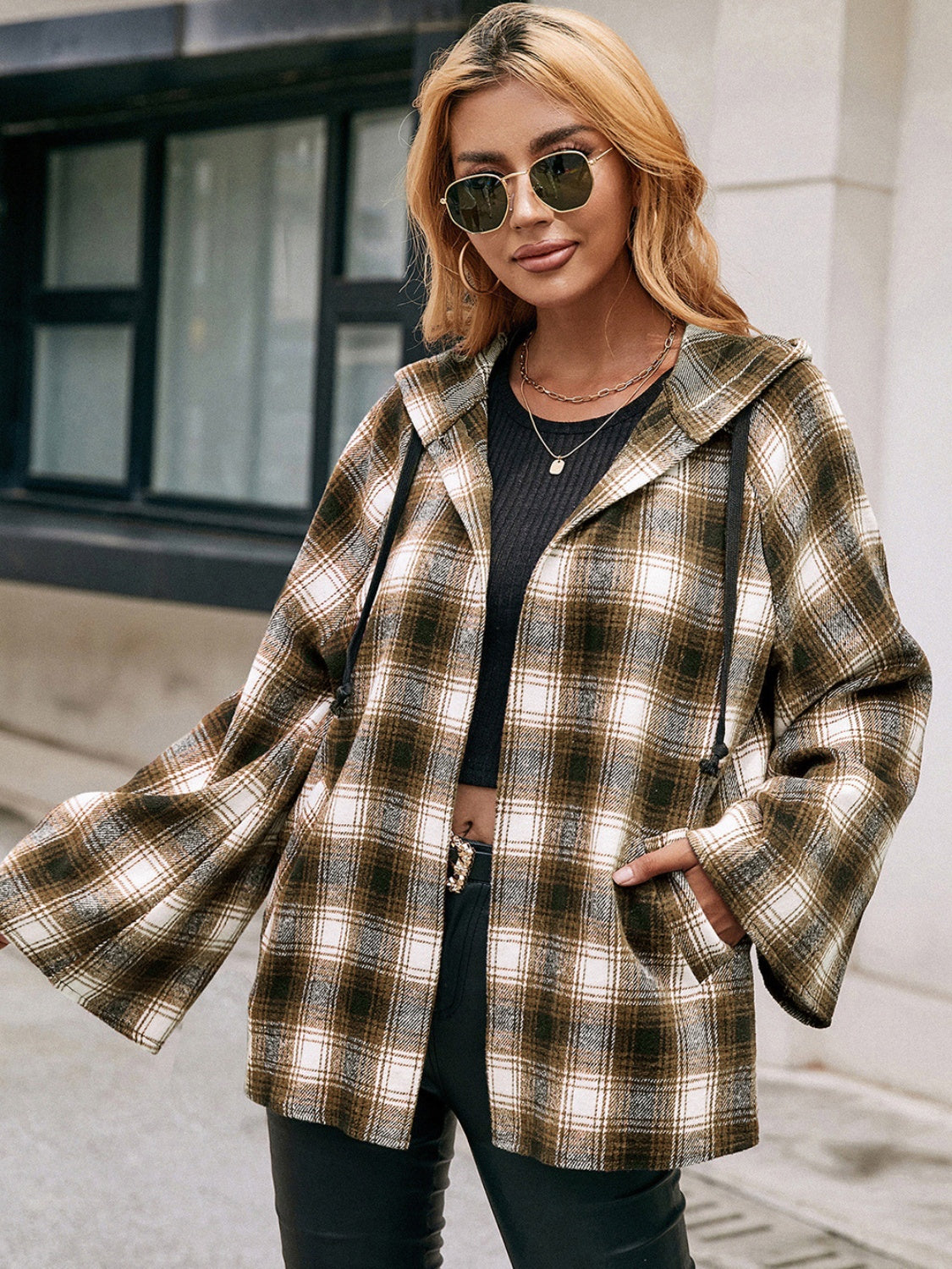 Pocketed Plaid Long Sleeve Hooded Jacket - Tigbul's Variety Fashion Shop