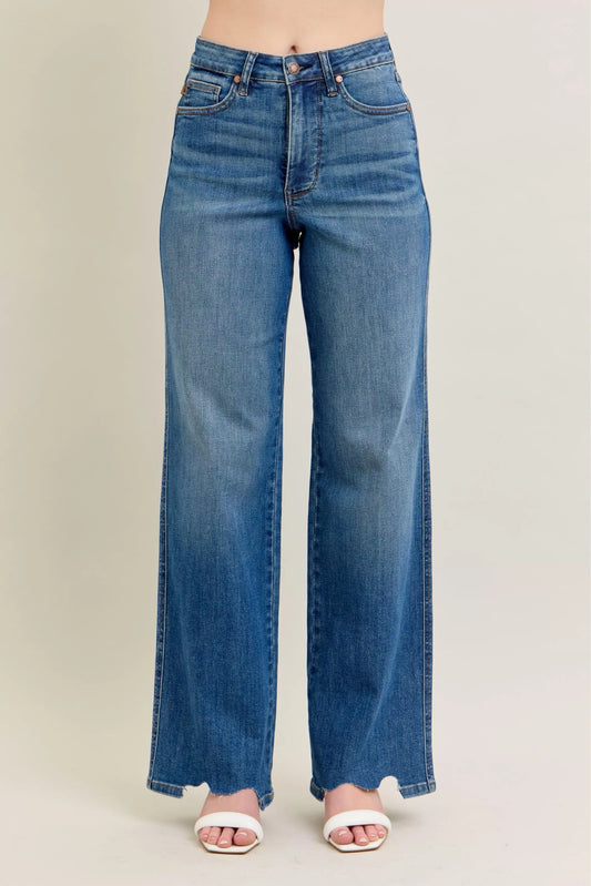 Judy Blue Full Size High Waist Tummy Control Chew Hem Destroy Wide Jeans Plus Size - Tigbul's Variety Fashion Shop
