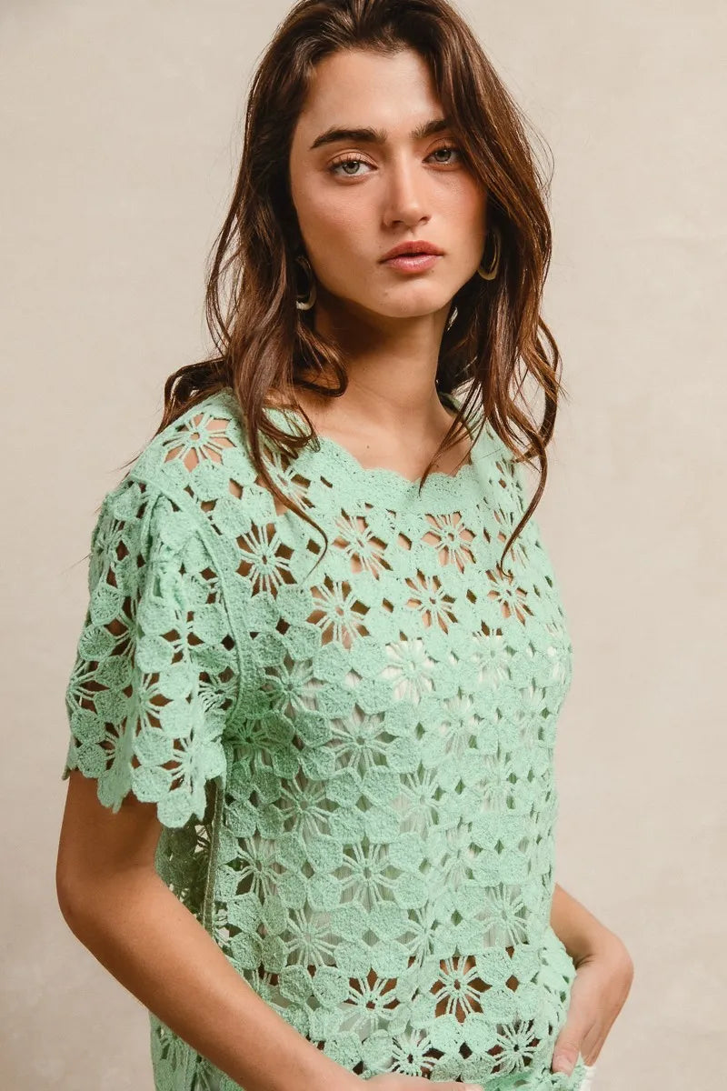 BiBi Openwork Crochet Short Sleeve Knit Top - Tigbul's Variety Fashion Shop
