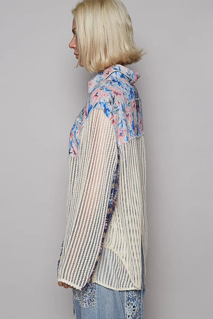 POL Floral Slit Back Plaid Patchwork Shirt - Tigbul's Variety Fashion Shop