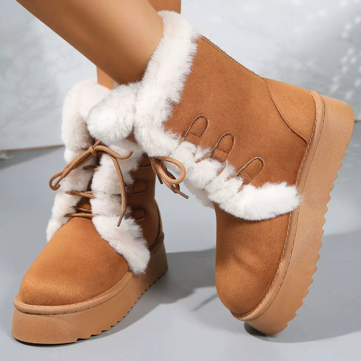 Fuzzy Trim Lace-Up Platform Boots - Tigbul's Variety Fashion Shop