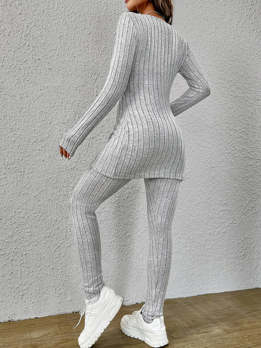 Slit V-Neck Ribbed Top and Pants Set - Tigbul's Variety Fashion Shop