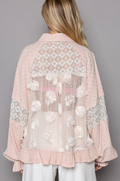 POL Eyelet Flower Pearl Detail Lace Patchwork Shirt - Tigbul's Variety Fashion Shop