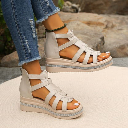 Cutout Rhinestone Trim Wedge Sandals - Tigbul's Variety Fashion Shop