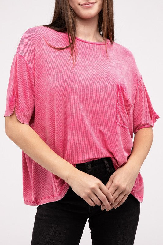 Washed Ribbed Cuffed Short Sleeve Round Neck Top - Tigbul's Variety Fashion Shop