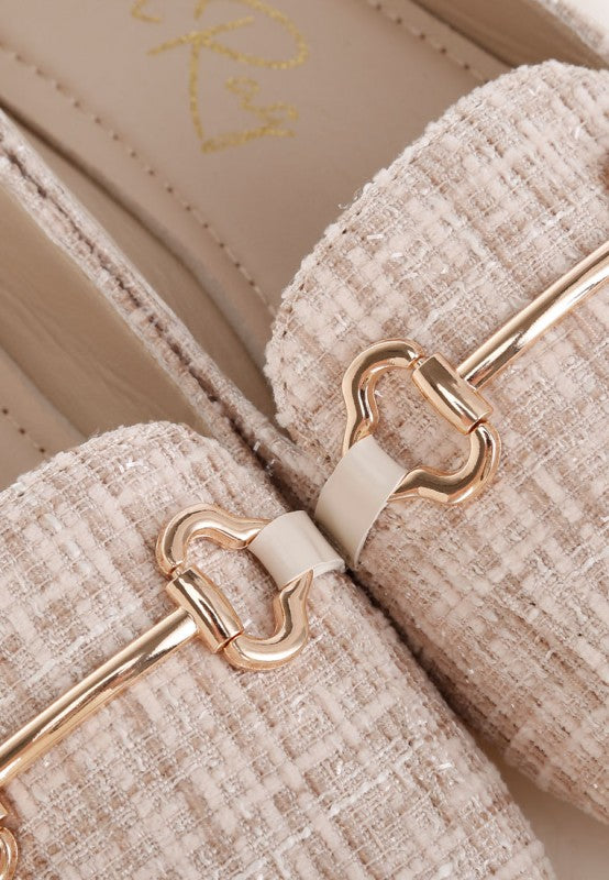 Beige tweed loafer with gold horsebit detail on the vamp