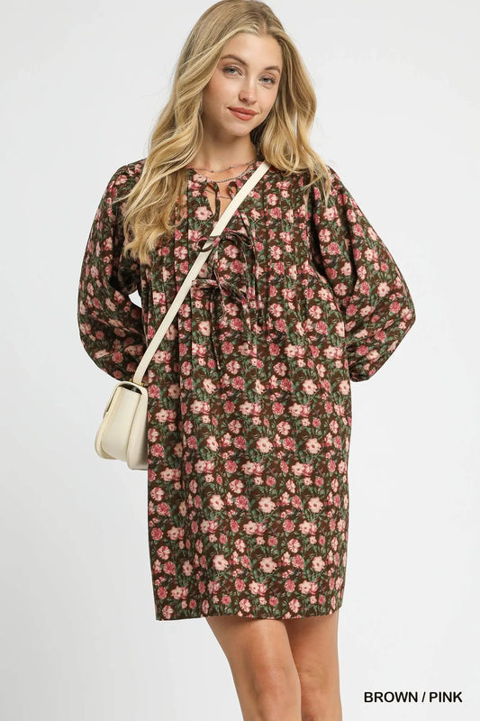Umgee Floral Tie-Neck Babydoll Dress - Tigbul's Variety Fashion Shop