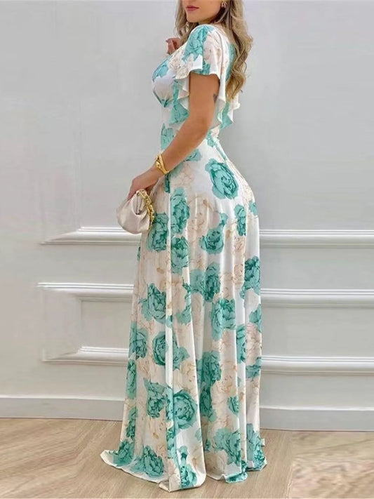 Plus Size Floral Print V-Neck Maxi Dress with Flutter Sleeves - Tigbul's Variety Fashion Shop