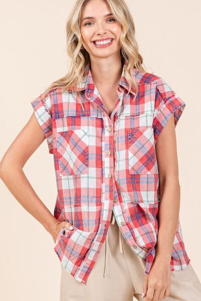 Red Mineral Wash Plaid Button Down Shirt - Tigbul's Variety Fashion Shop