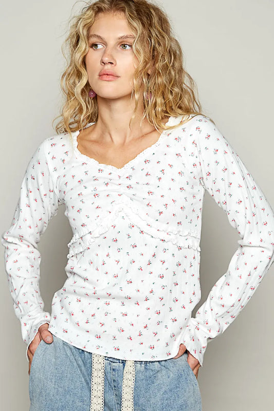 POL Floral V-Neck Long Sleeve T-Shirt - Tigbul's Variety Fashion Shop