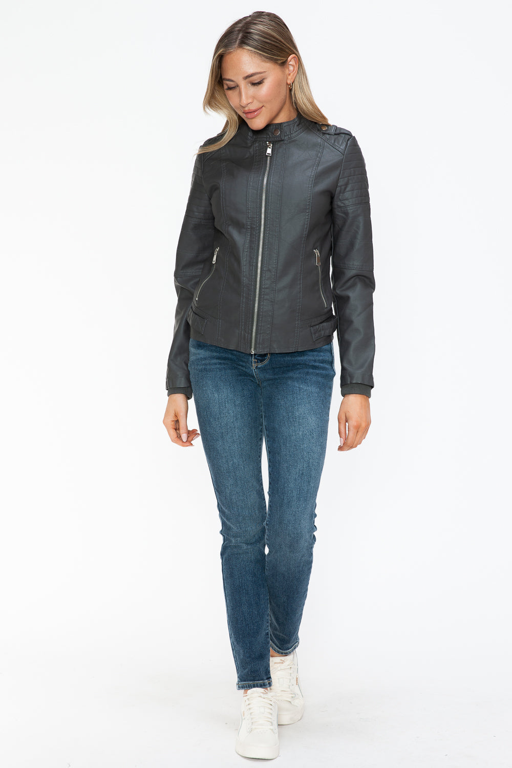 Charcoal PU Leather Biker Jacket with Side Zip Pockets