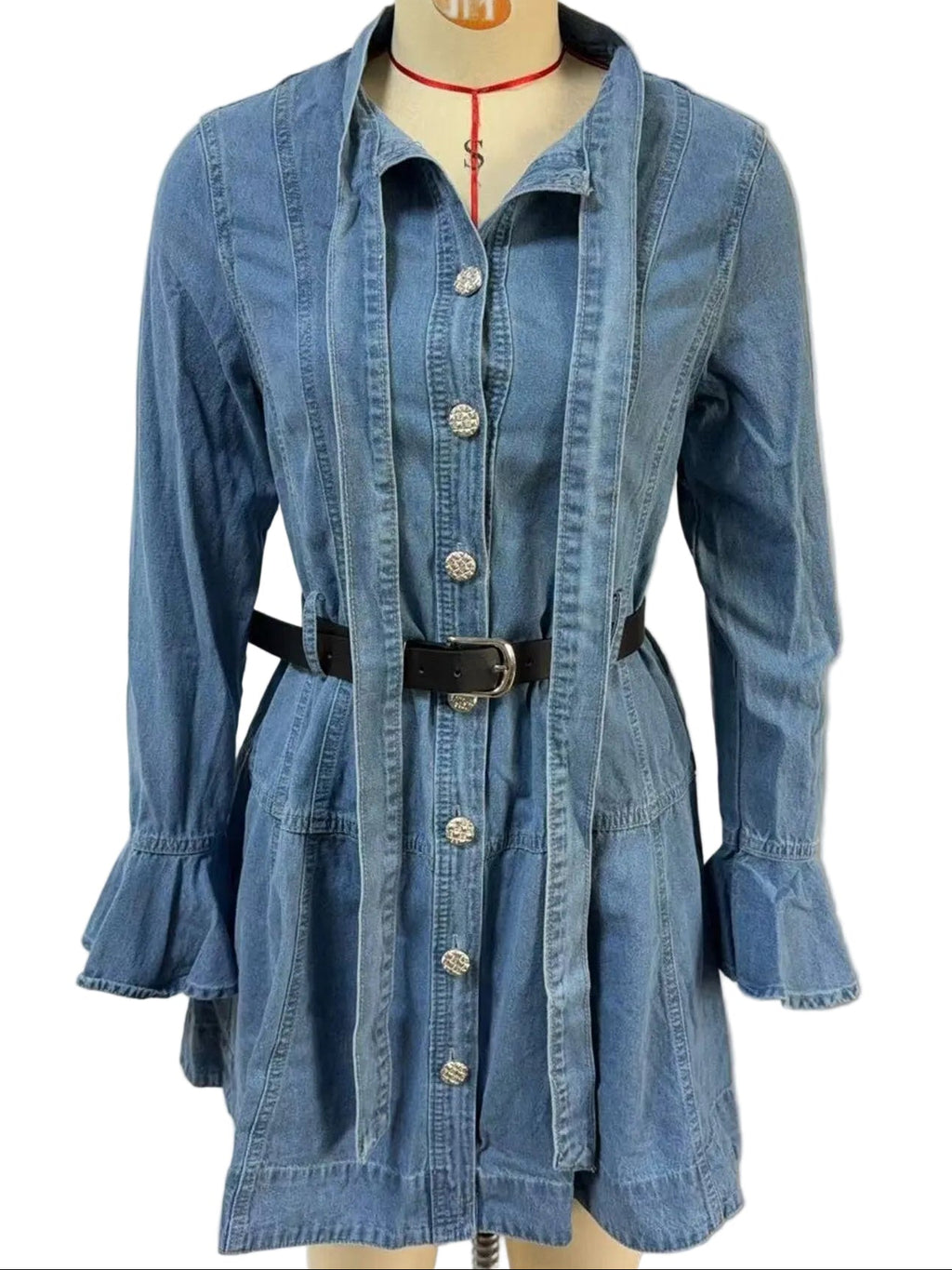 Denim mini dress with button placket, flounce sleeves, gold buttons, belted waist