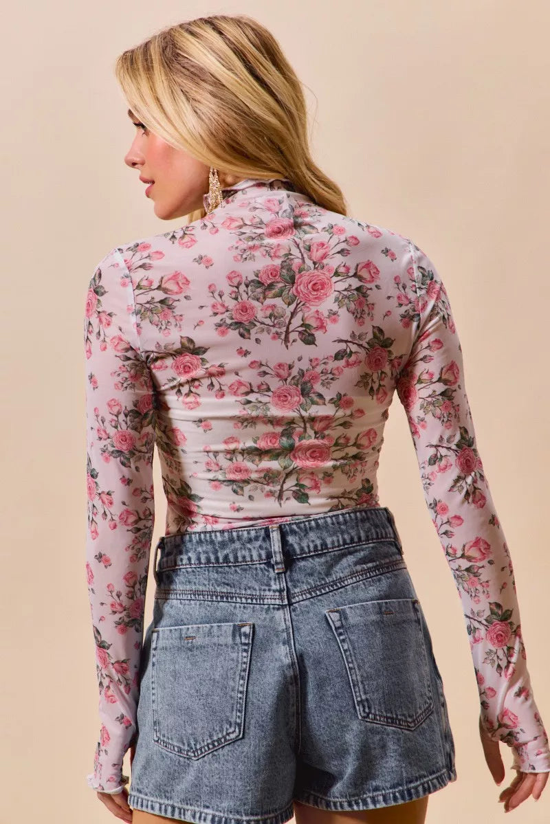 SO ME Floral Rose Print Mesh Sheer Layering Top - Tigbul's Variety Fashion Shop