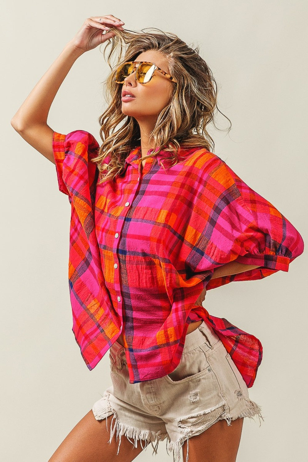 BiBi Button Up Dolman Sleeve Plaid Shirt - Tigbul's Variety Fashion Shop