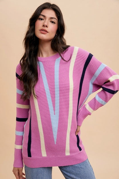 Annie Wear Chevron Stripe Round Neck Ribbed Sweater - Tigbul's Variety Fashion Shop