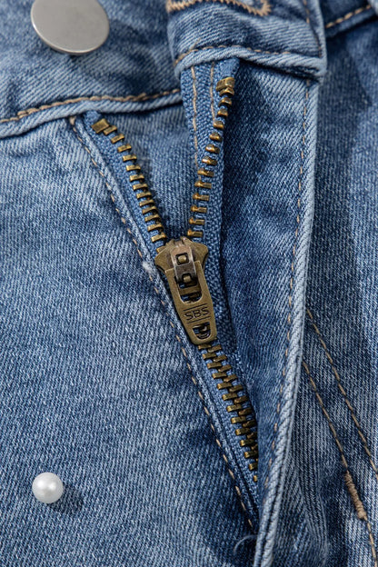 Pearl Beaded Raw Hem Wash Denim Shorts - Tigbul's Variety Fashion Shop
