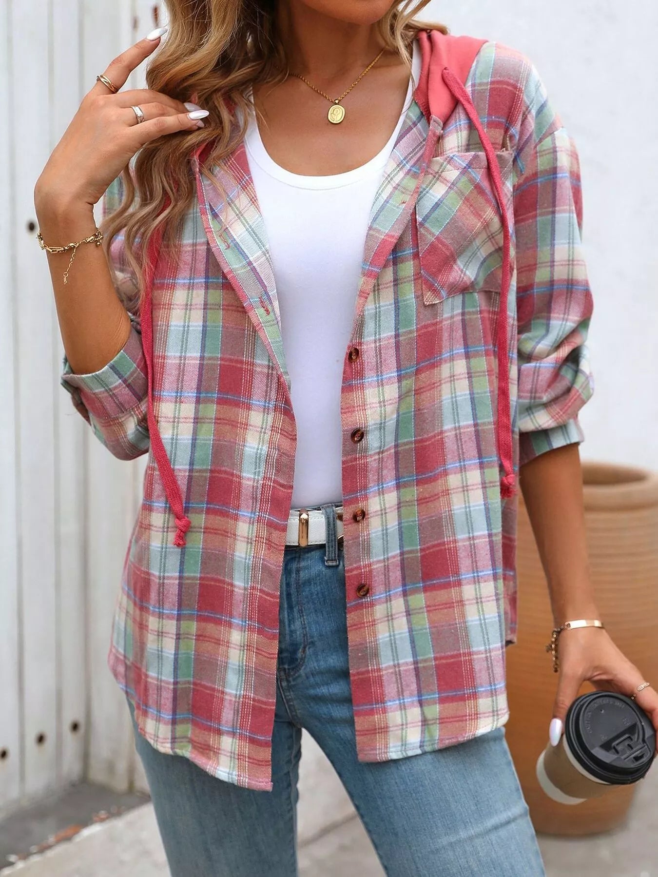 Hooded Plaid Button-Up Shirt - Tigbul's Variety Fashion Shop