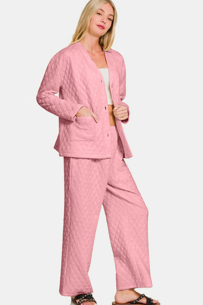 Zenana Quilted Button Up Long Sleeve Top and Pants Lounge Set - Tigbul's Variety Fashion Shop