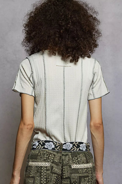 POL V-Neck Short Sleeve Top with Stitch Seam Detail - Tigbul's Variety Fashion Shop