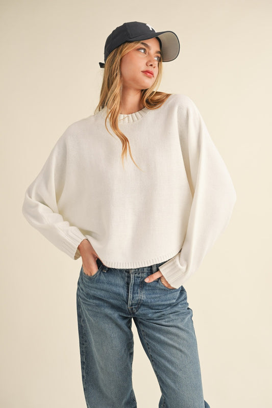 Off White Round Neck Dolman Sleeve Cropped Sweater - Tigbul's Variety Fashion Shop