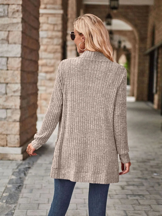 Ribbed Open Front Long Cardigan with Pockets - Tigbul's Variety Fashion Shop