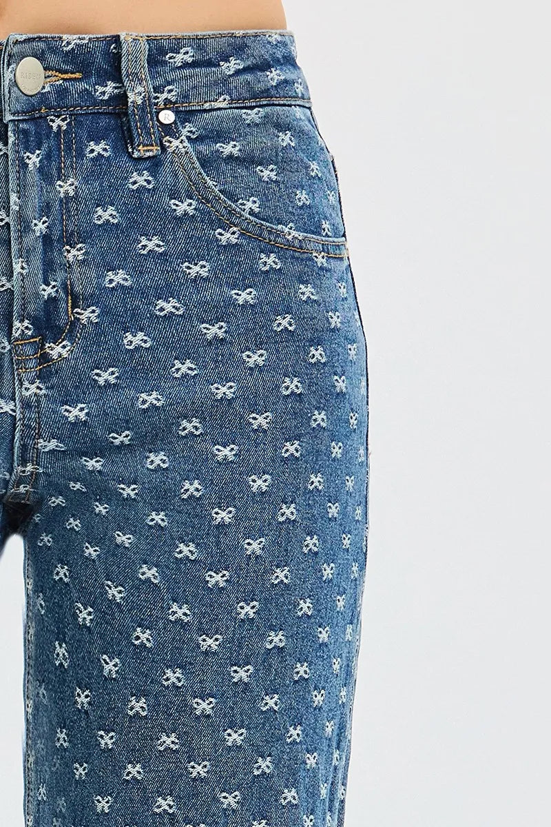 RISEN High Rise Wide Leg Bow Embroidered Jeans - Tigbul's Variety Fashion Shop