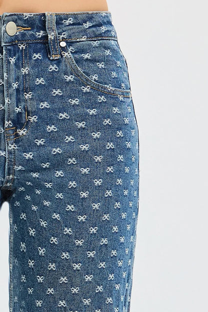 RISEN High Rise Wide Leg Bow Embroidered Jeans - Tigbul's Variety Fashion Shop