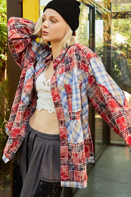 POL Plaid Patchwork Long Sleeve Shirt with Raw Edge Detail - Tigbul's Variety Fashion Shop