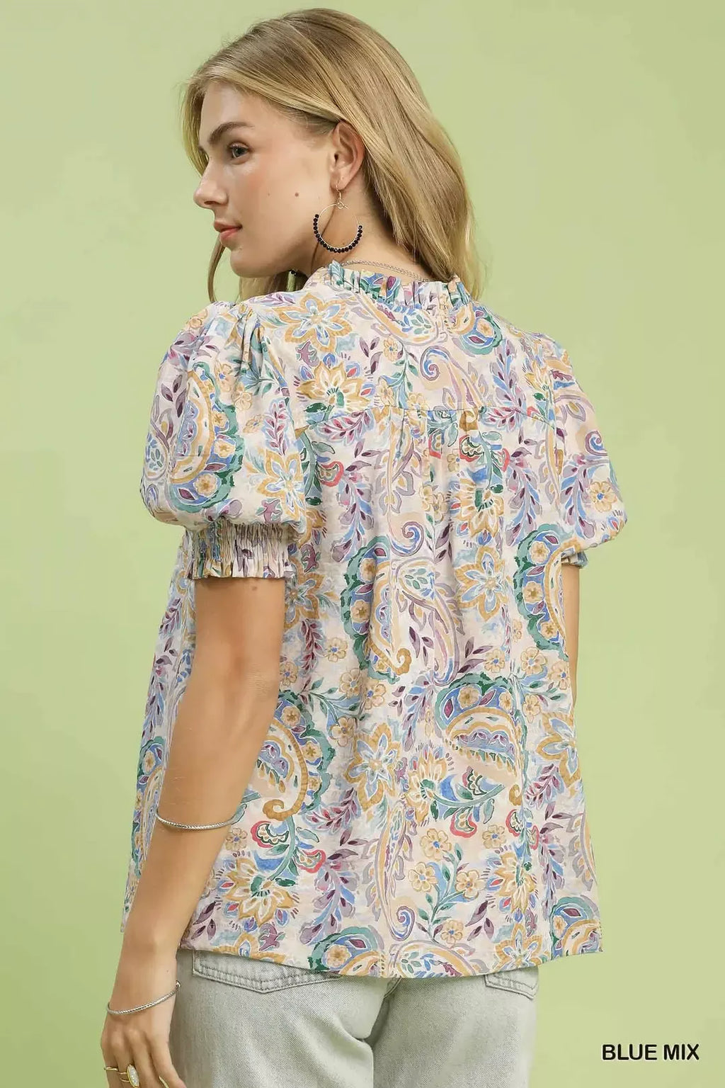 Back view: blue mix paisley floral short-sleeve button-down with gathered yoke