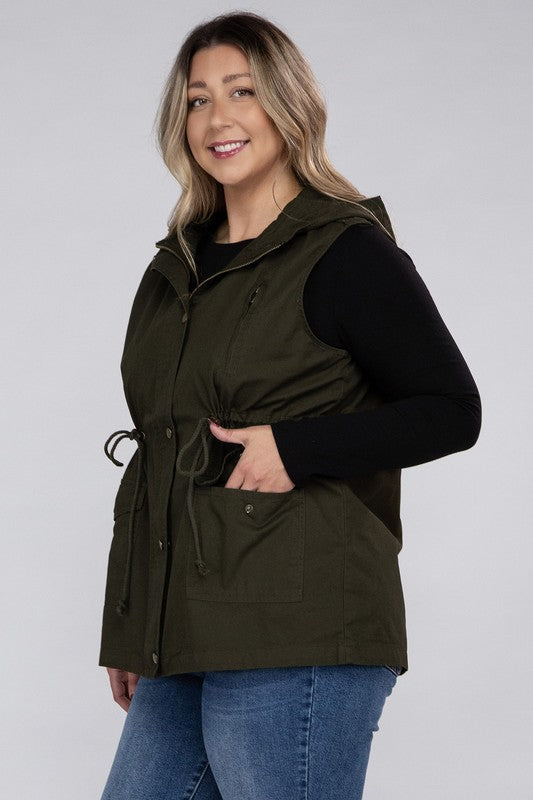 Plus Drawstring Waist Military Hoodie Vest - Tigbul's Variety Fashion Shop