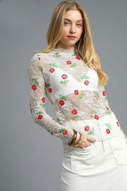 Umgee Floral Mock Neck Long Sleeve Sheer Top - Tigbul's Variety Fashion Shop