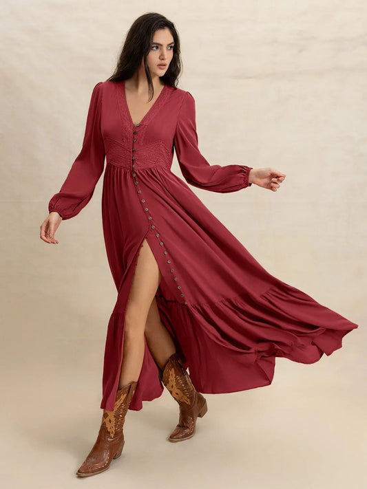 Burgundy V-Neck Balloon Sleeve Ruffled Hem Maxi Dress - Tigbul's Variety Fashion Shop