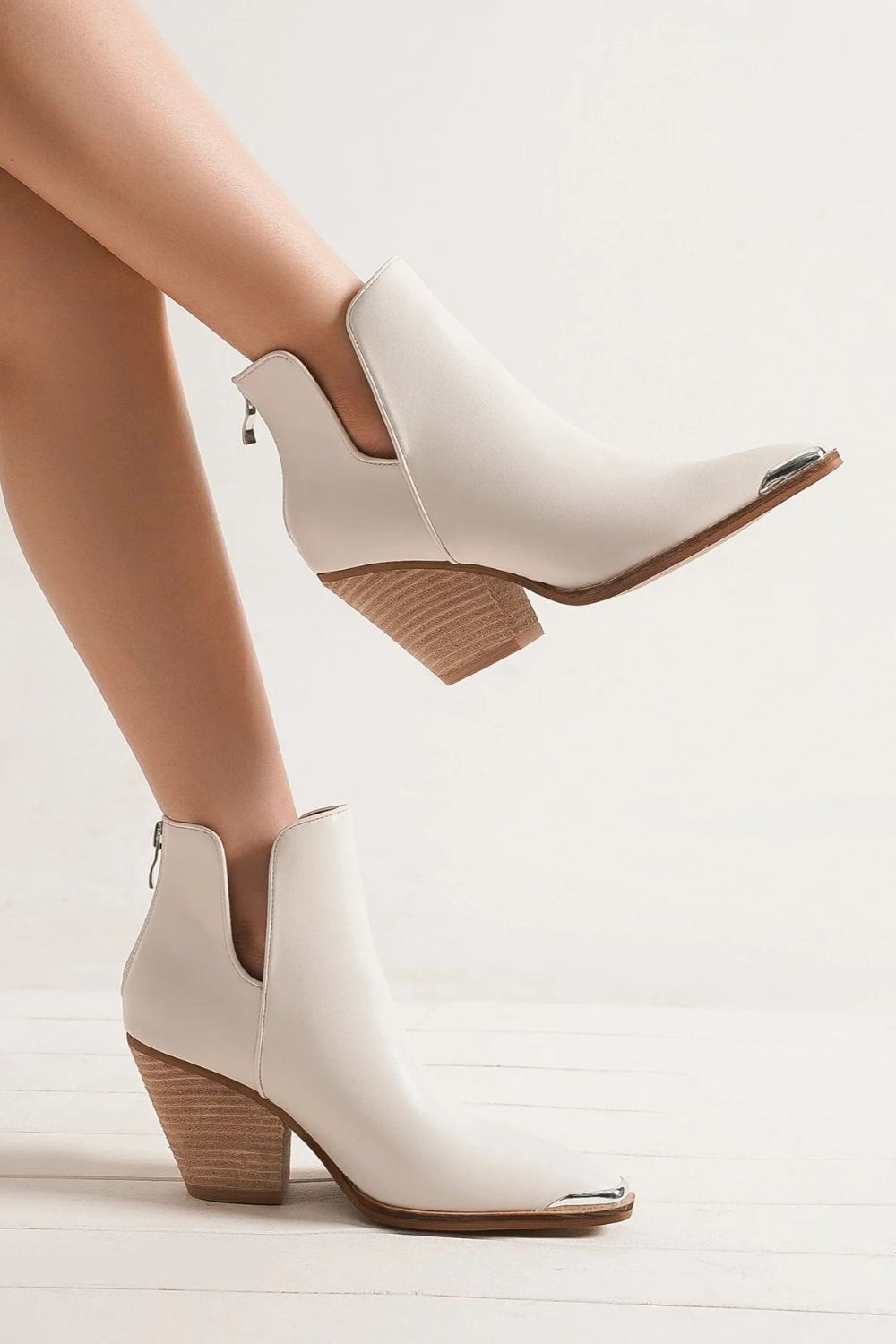 White Pointed Metal-Tip Toe Block Heel Ankle Boots - Tigbul's Variety Fashion Shop