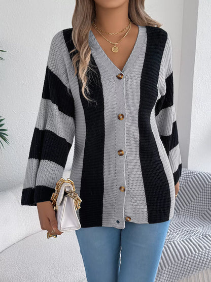 Color Block Button-Up Cardigan - Tigbul's Variety Fashion Shop