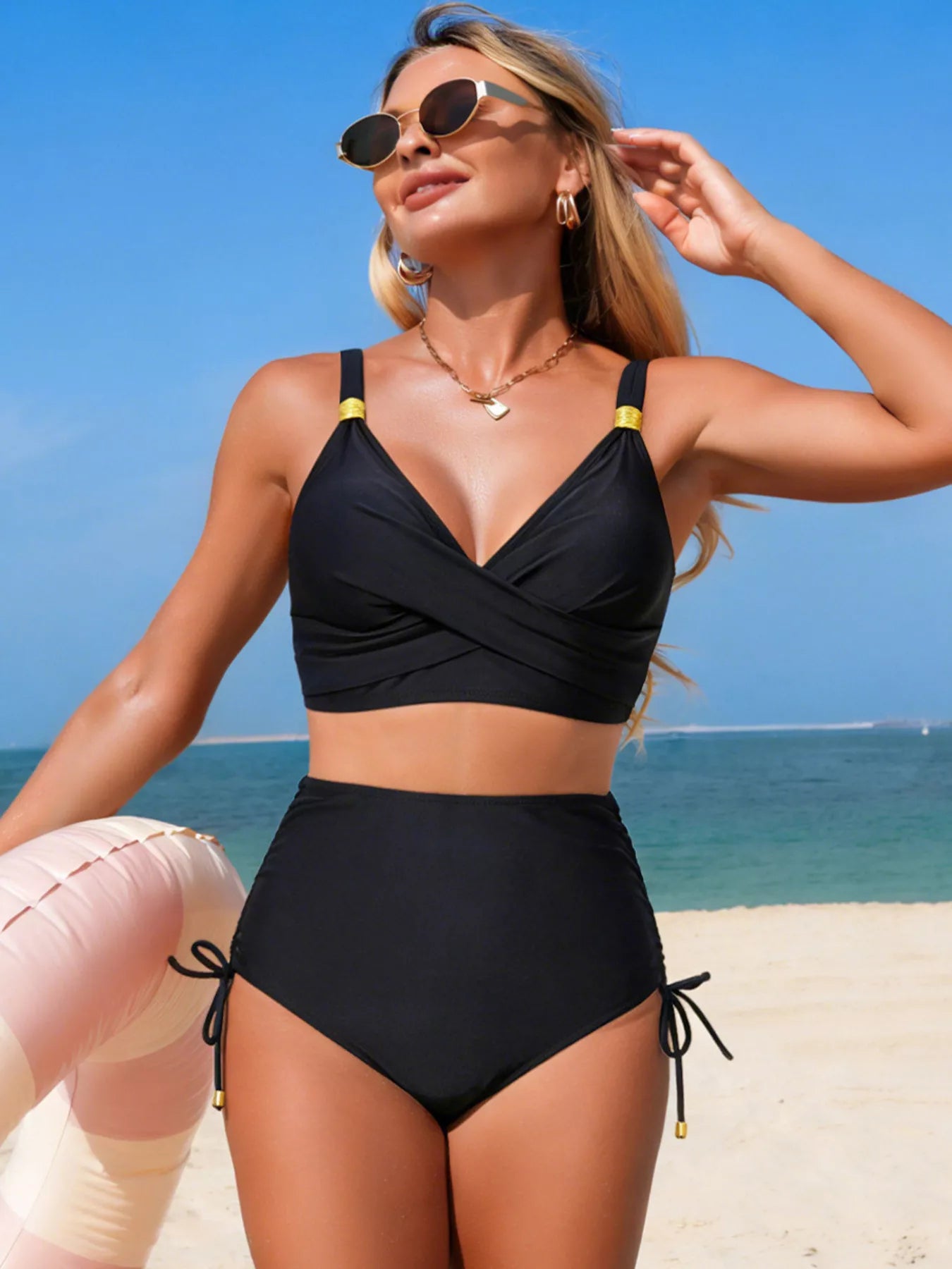 Black crisscross high-waisted swim set with tie side bikini bottoms