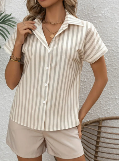 Striped Collared Neck Short Sleeve Shirt - Tigbul's Variety Fashion Shop