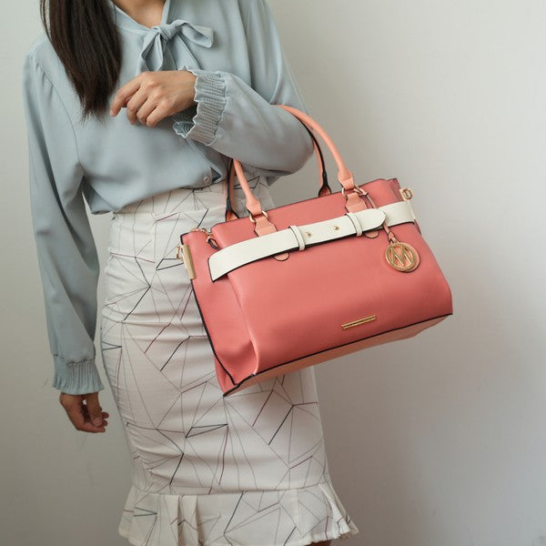 Coral Jamie satchel with white front strap, gold-tone logo charm, one size