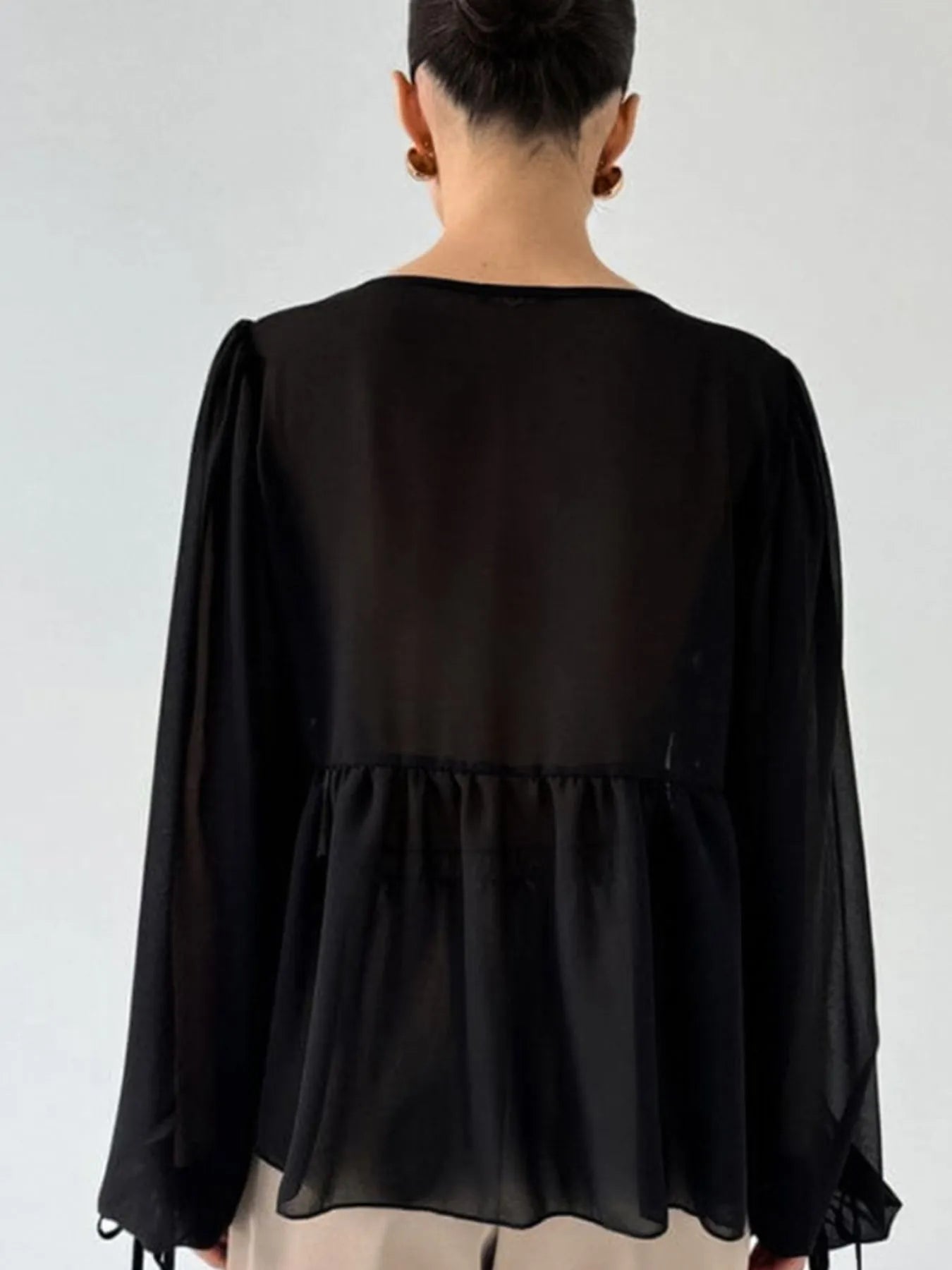 Ruffled Tie Front Long Sleeve Blouse - Tigbul's Variety Fashion Shop