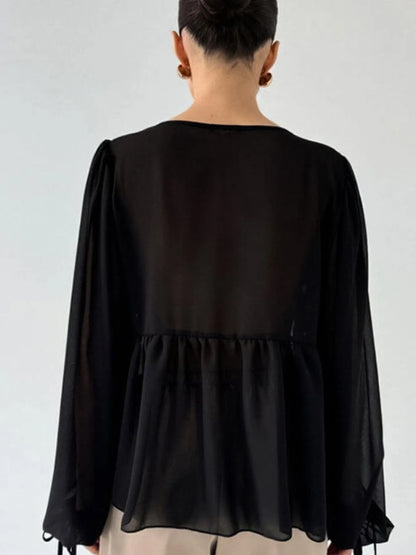 Ruffled Tie Front Long Sleeve Blouse - Tigbul's Variety Fashion Shop