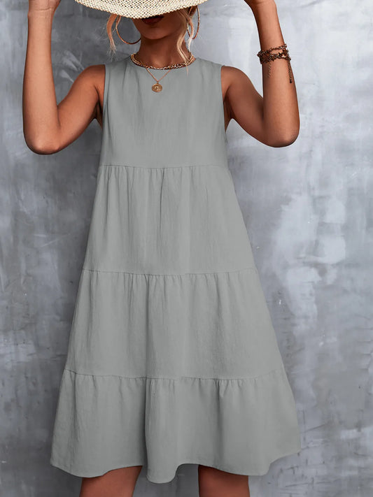 Tiered Round Neck Sleeveless Mini Tank Dress - Tigbul's Variety Fashion Shop
