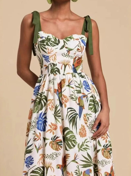 Tropical Print Tie-Shoulder Sweetheart Neck Midi Dress - Tigbul's Variety Fashion Shop