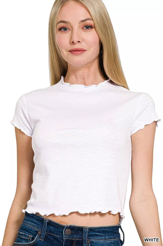 Zenana Cotton Modal Slub Lettuce Trimmed Cropped T-Shirt - Tigbul's Variety Fashion Shop