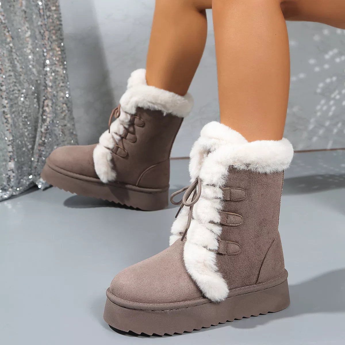 Fuzzy Trim Lace-Up Platform Boots - Tigbul's Variety Fashion Shop
