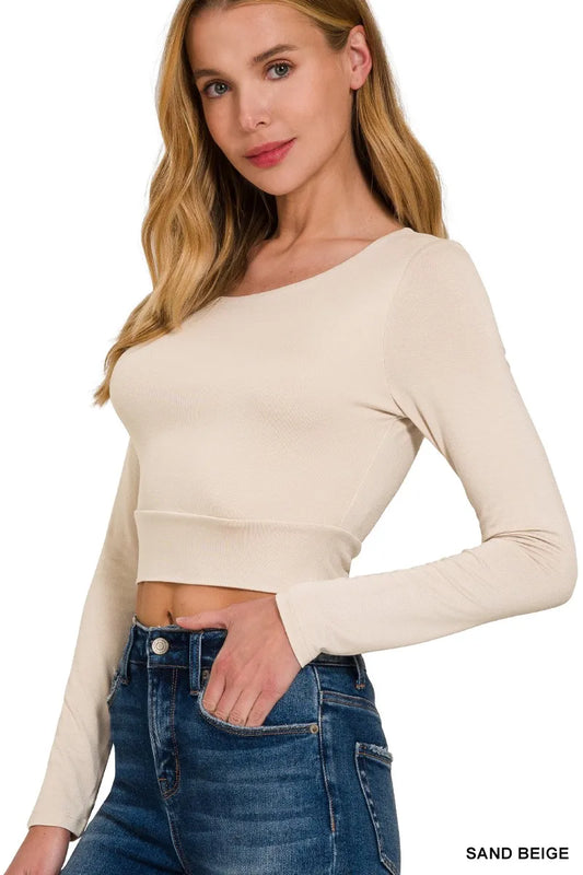 Zenana Double Layered Long Sleeve Cropped Round Neck T-Shirt - Tigbul's Variety Fashion Shop