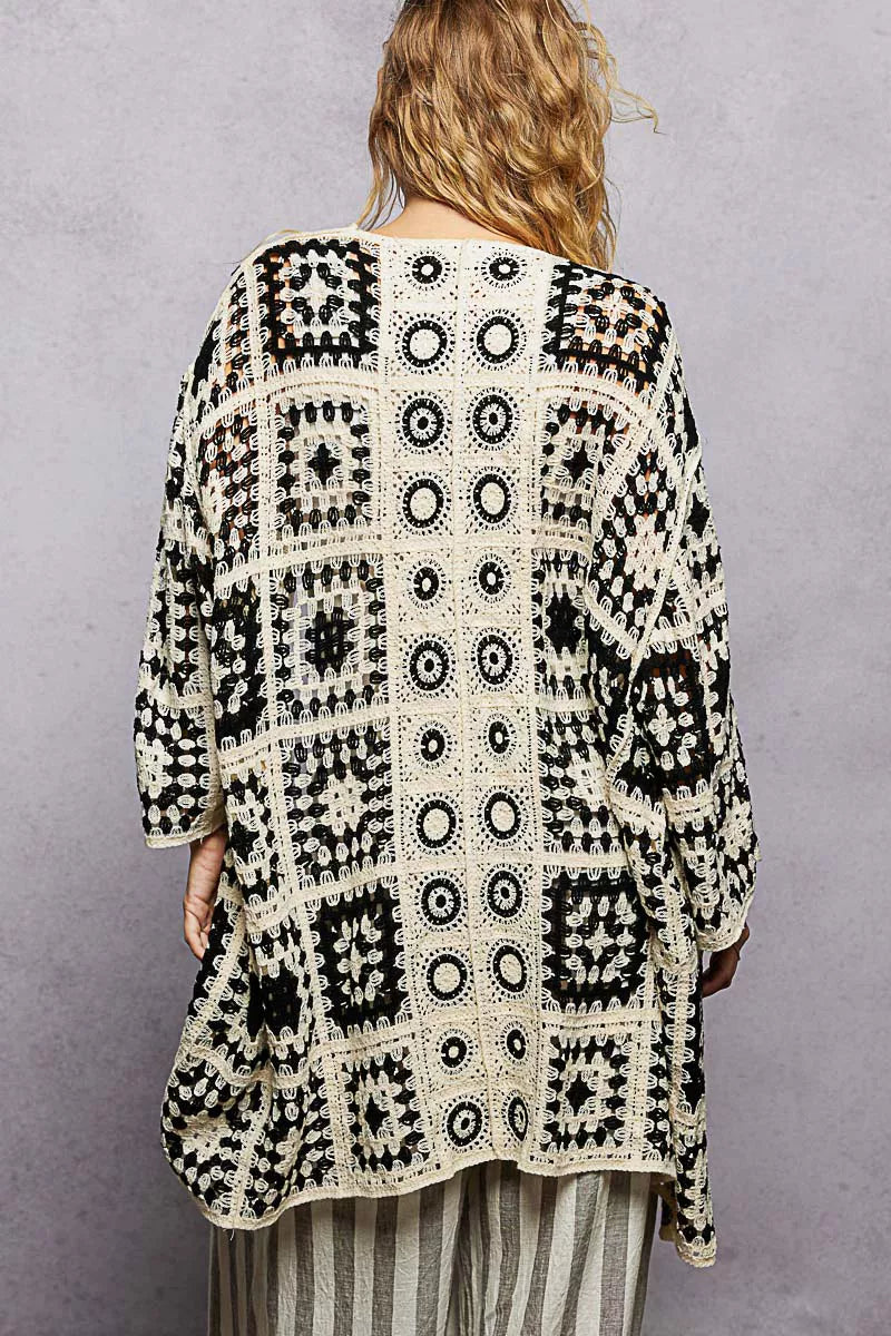 POL Open Front Crochet Cardigan with Granny Square Pattern - Tigbul's Variety Fashion Shop