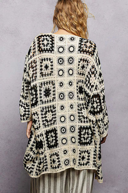 POL Open Front Crochet Cardigan with Granny Square Pattern - Tigbul's Variety Fashion Shop