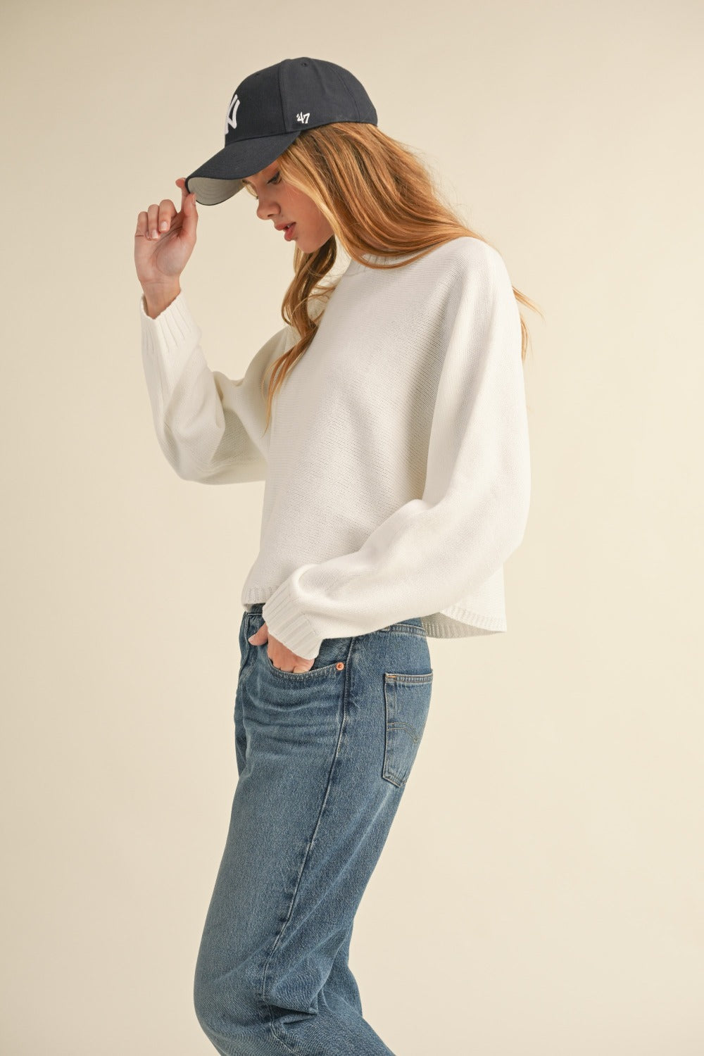 Off White Round Neck Dolman Sleeve Cropped Sweater - Tigbul's Variety Fashion Shop